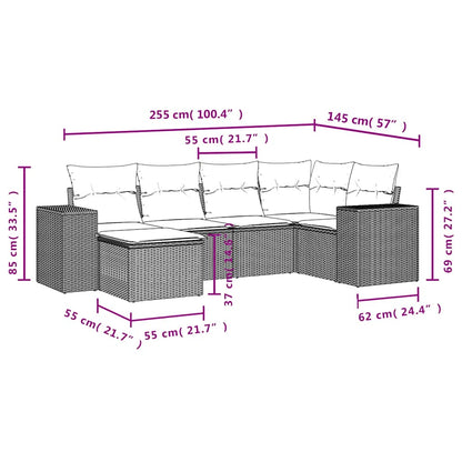6-delige Loungeset met kussens poly rattan bruin