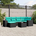 7-piece garden sofa set with cushions in black poly rattan