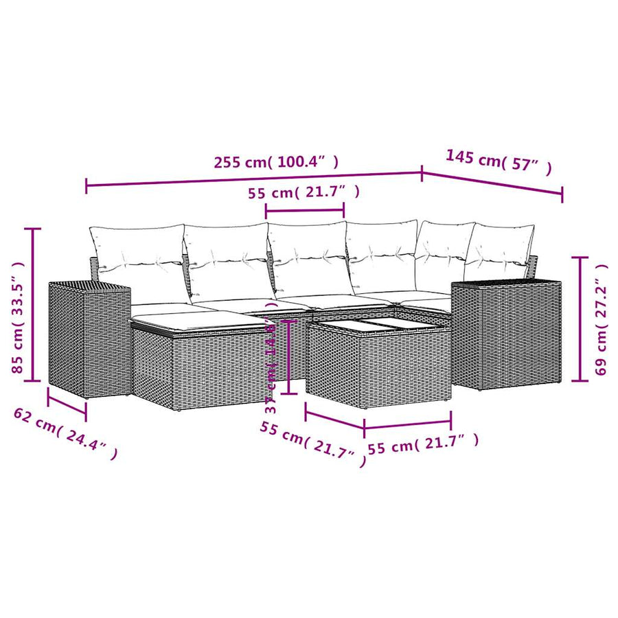 7-delige Loungeset met kussens poly rattan beige