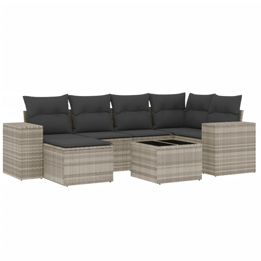 7-delige Loungeset met kussens poly rattan lichtgrijs