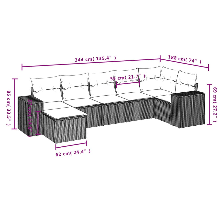 7-Delige Loungeset Met Kussens Poly Rattan Grijs