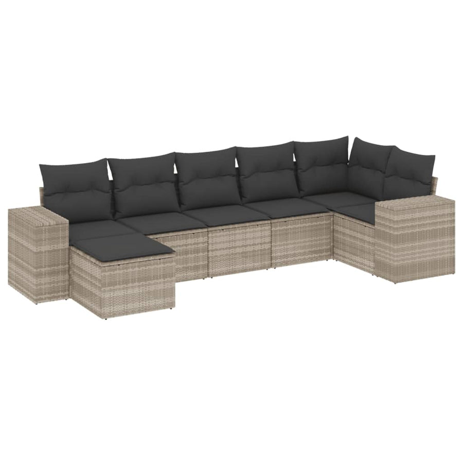 7-delige Loungeset met kussens poly rattan lichtgrijs