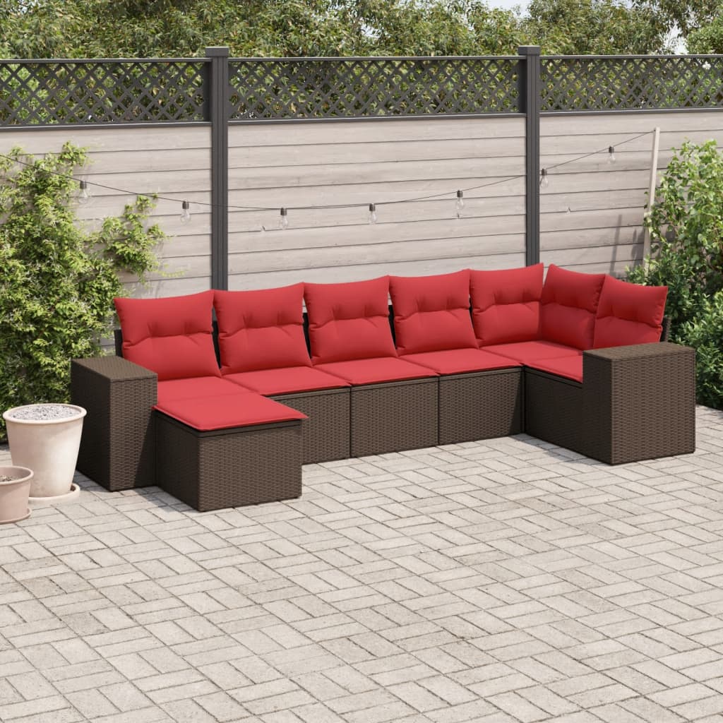 7-delige tuinbankset met kussens, bruin polyrotan