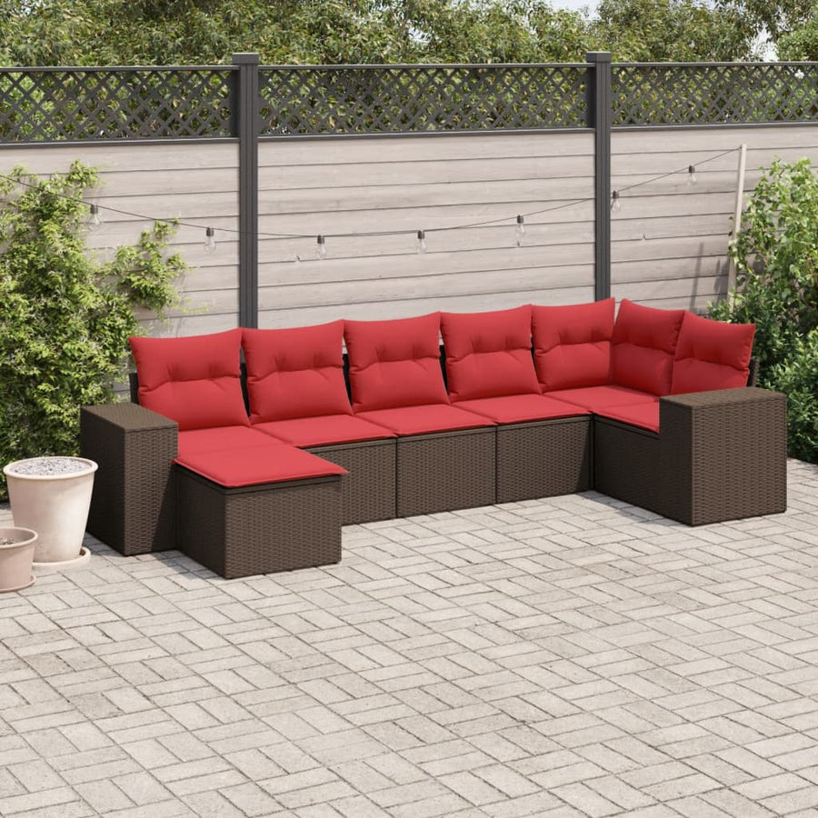 7-delige tuinbankset met kussens, bruin polyrotan