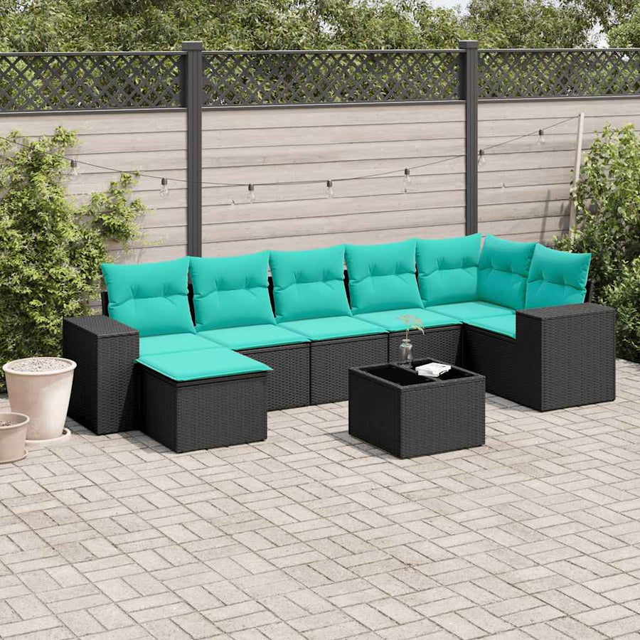 8-delige tuinbankset met kussens, zwart polyrotan