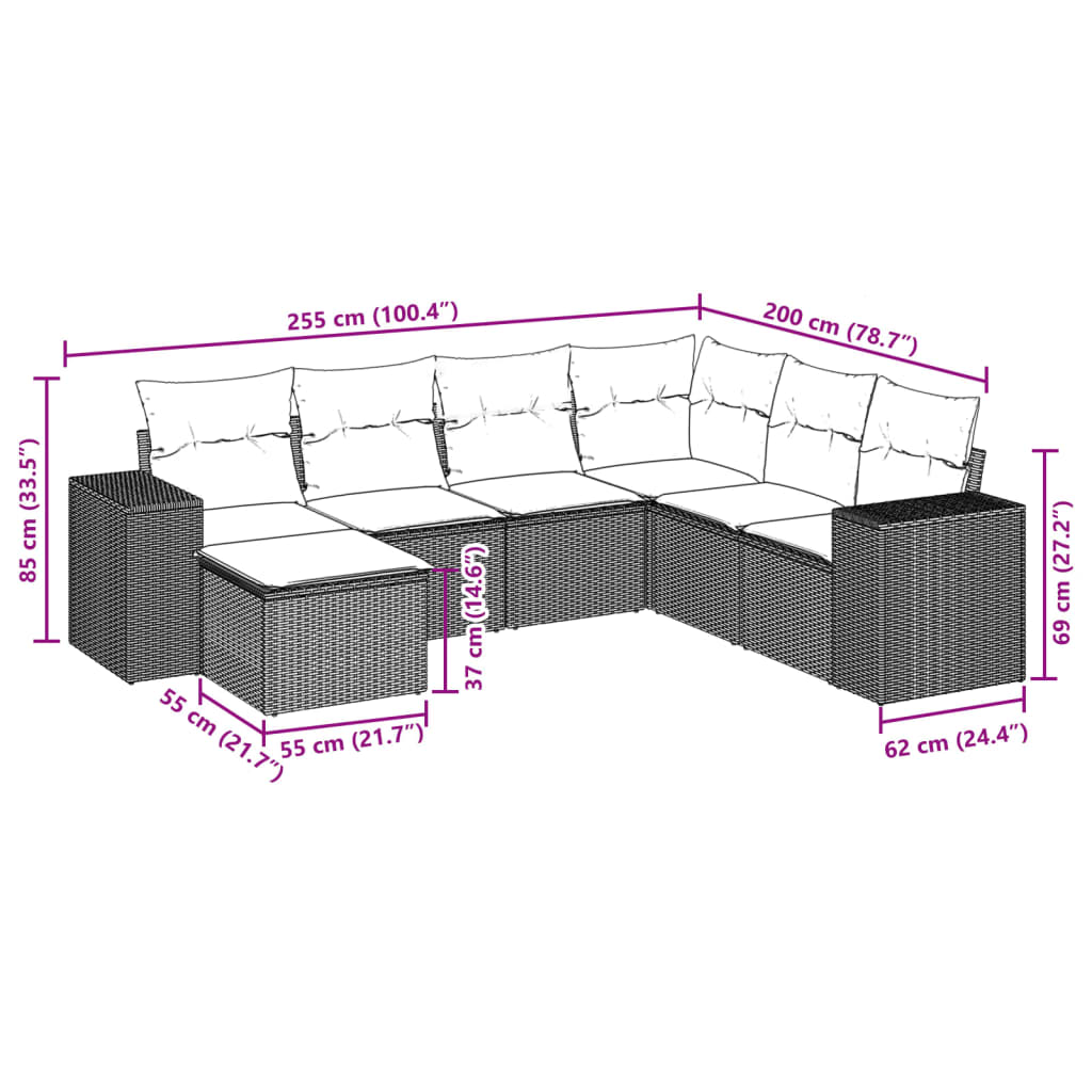 7-delige Loungeset met kussens poly rattan lichtgrijs