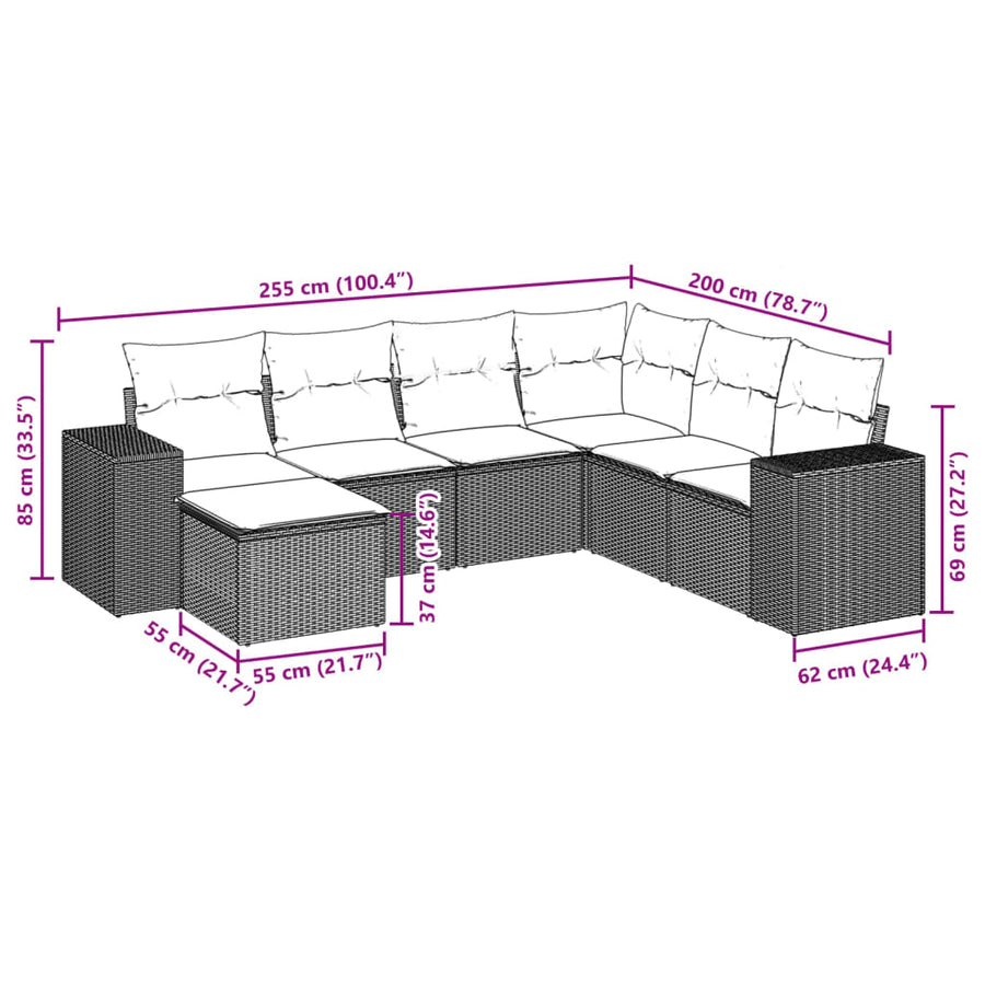 7-delige Loungeset met kussens poly rattan lichtgrijs