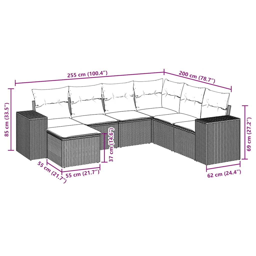 7-delige tuinbankset met kussens, bruin polyrotan