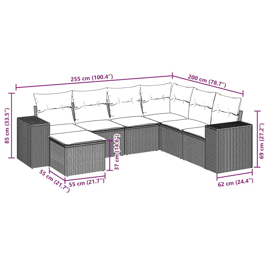 7-delige tuinbankset met kussens, bruin polyrotan