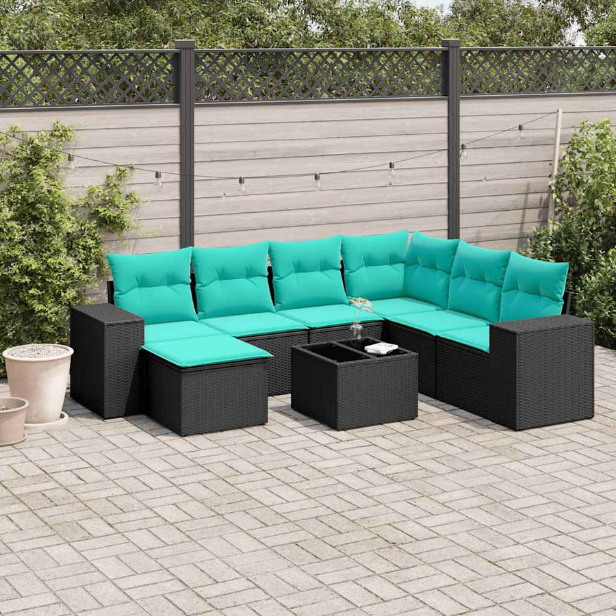 8-delige tuinbankset met kussens, zwart polyrotan