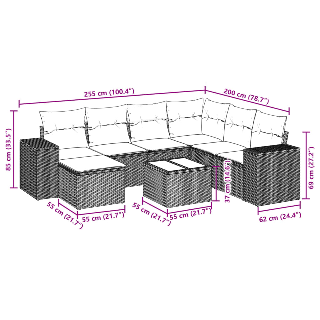 8-delige Loungeset met kussens poly rattan lichtgrijs