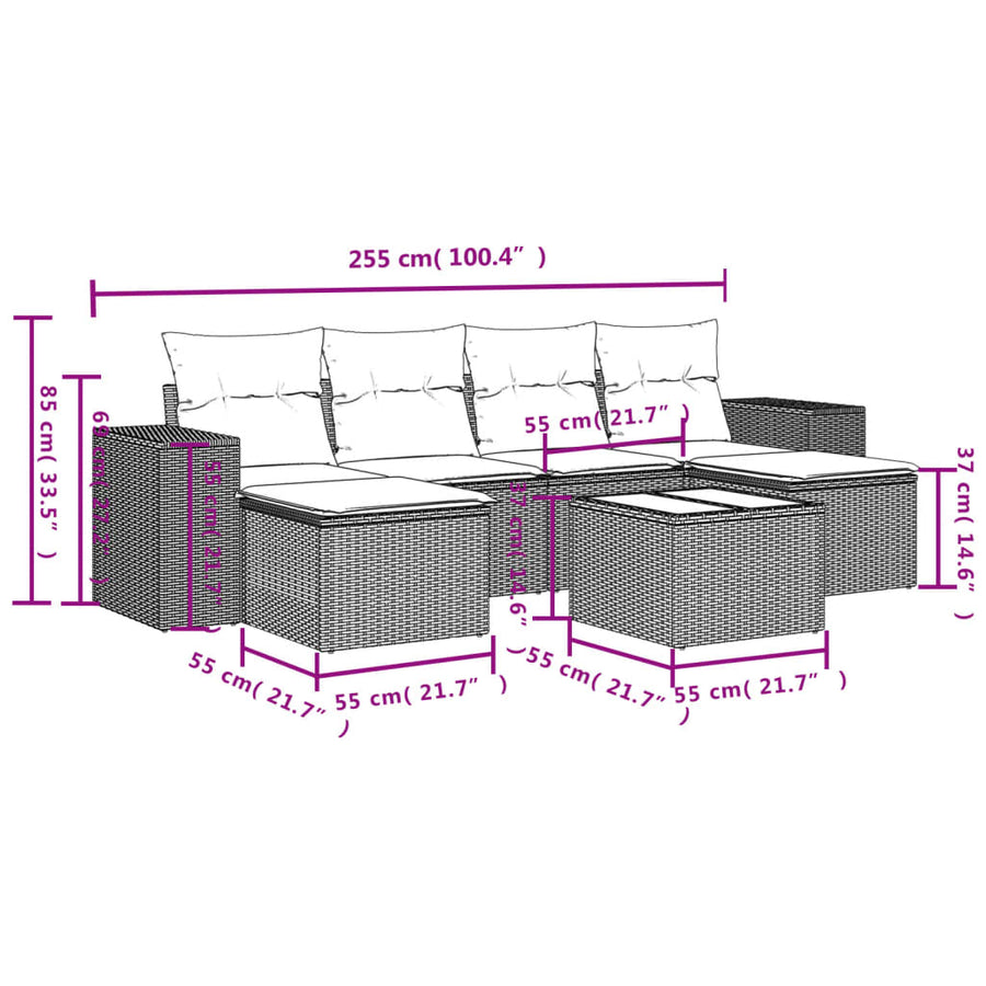 7-delige Loungeset met kussens poly rattan beige