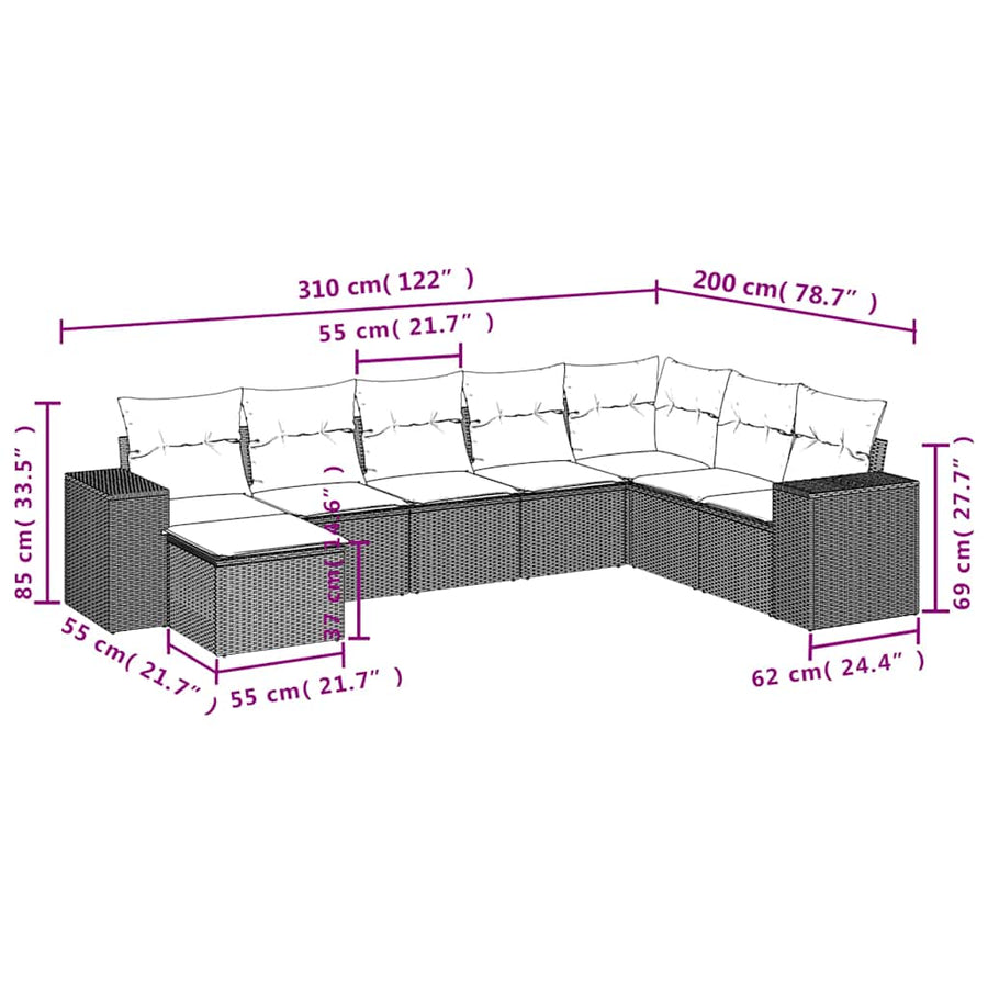 8-delige tuinbankset met kussens, grijs polyrotan