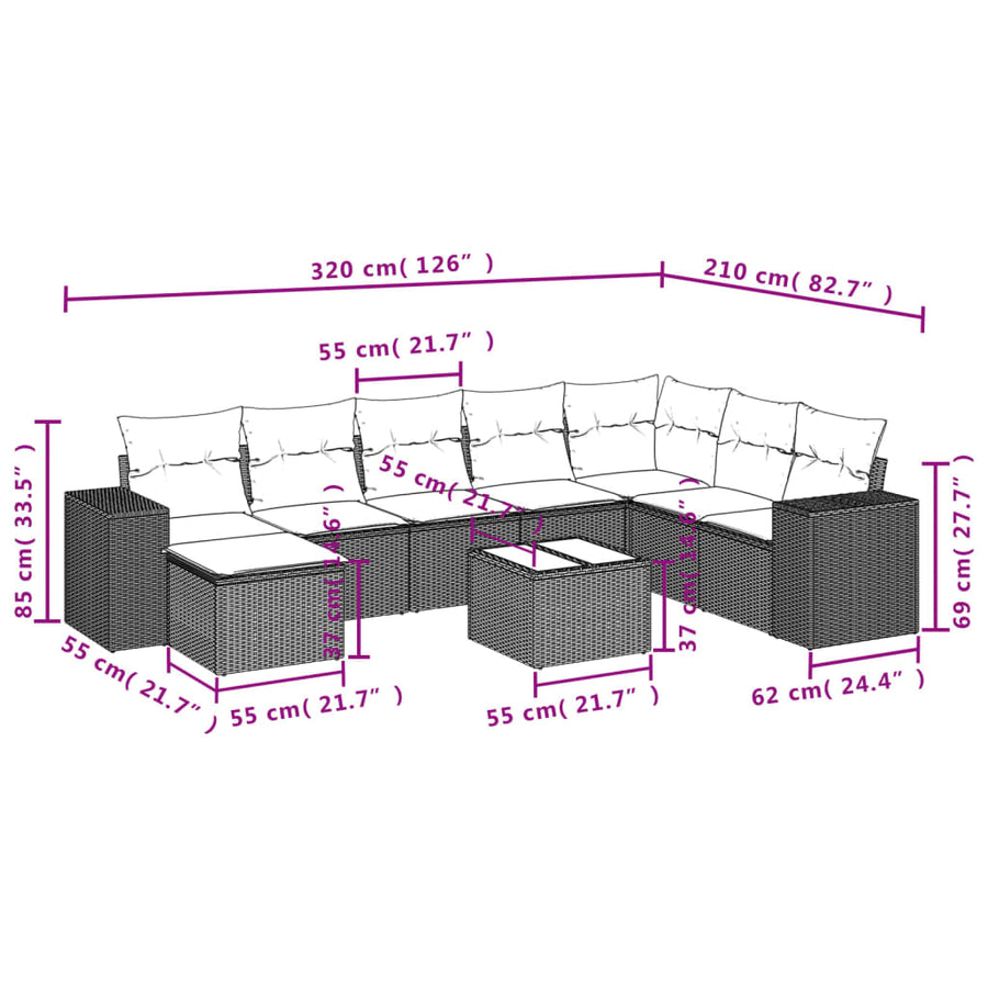 9-Delige Loungeset Met Kussens Poly Rattan Zwart