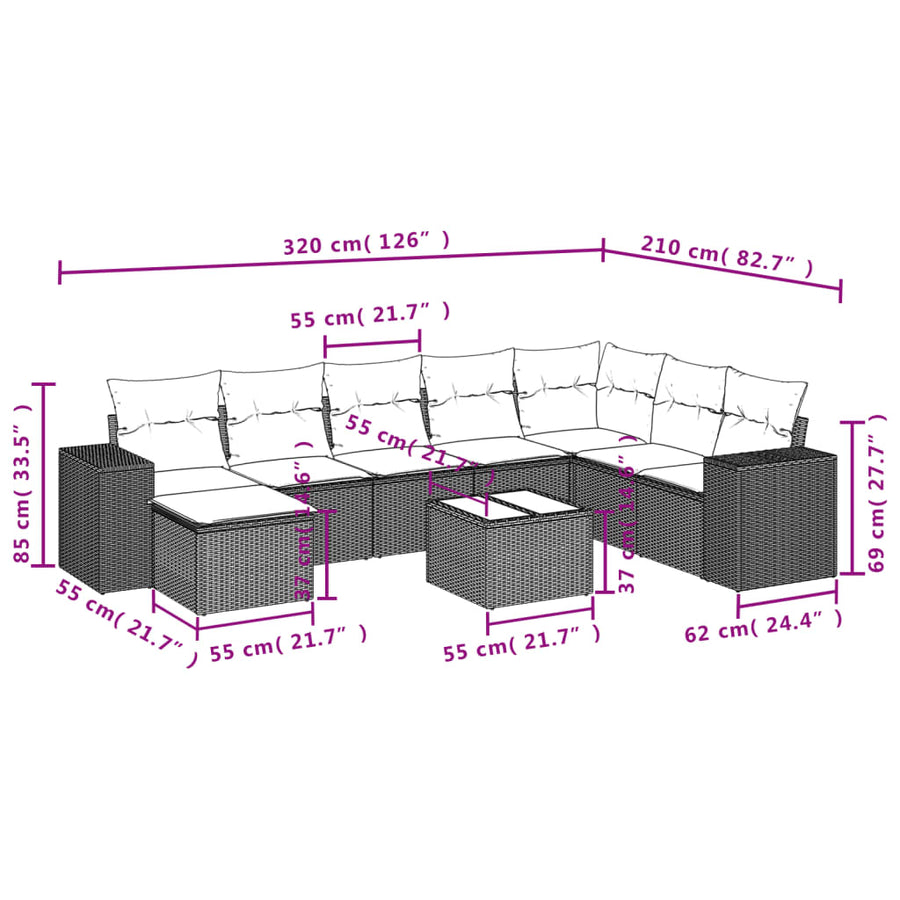 9-Delige Loungeset Met Kussens Poly Rattan Zwart