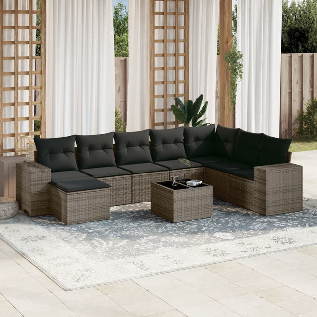 9-Delige Loungeset Met Kussens Poly Rattan Grijs