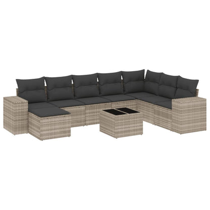 9-delige Loungeset met kussens poly rattan lichtgrijs