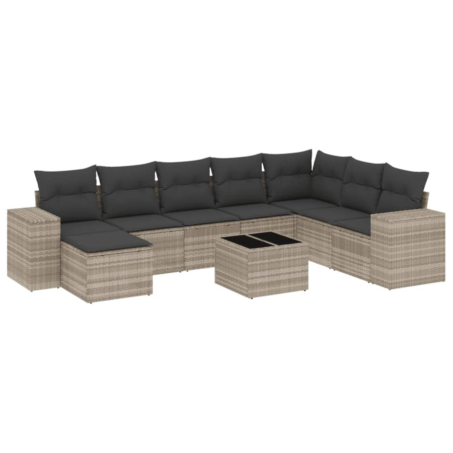 9-delige Loungeset met kussens poly rattan lichtgrijs