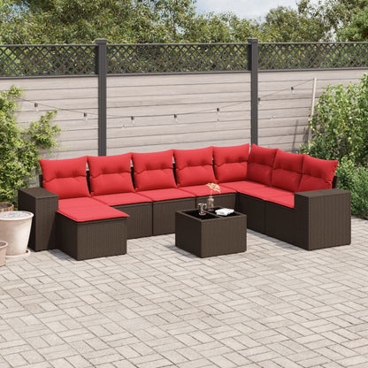 9-delige tuinbankset met kussens, bruin polyrotan