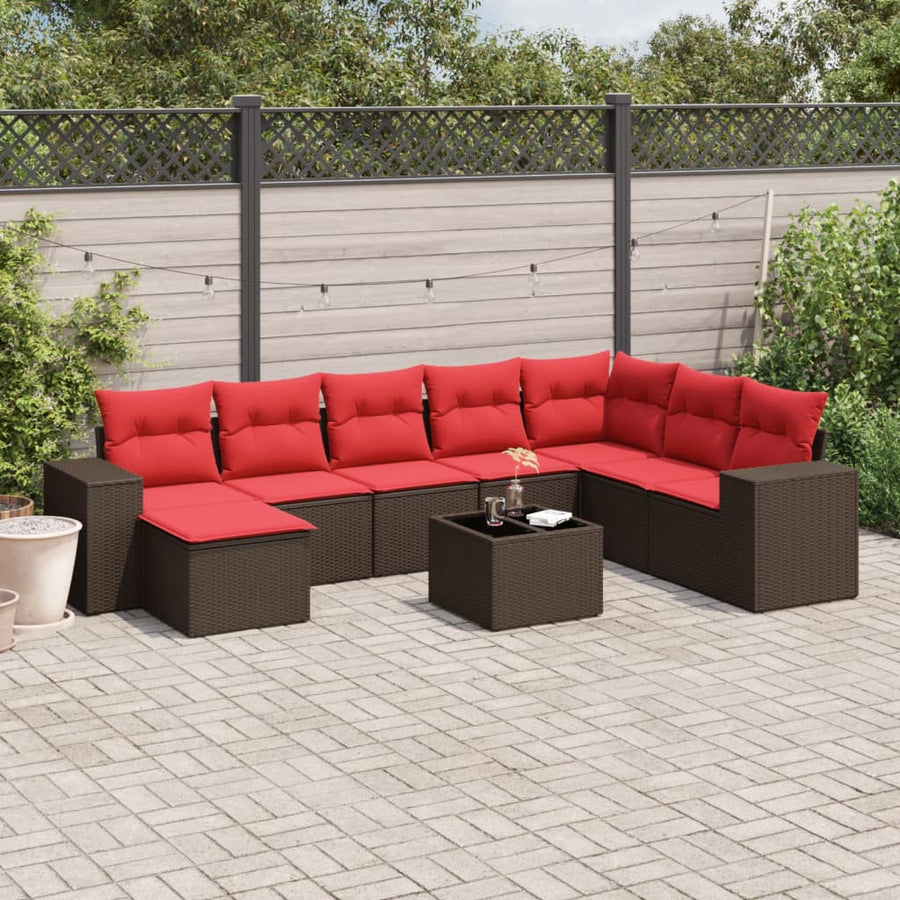 9-delige tuinbankset met kussens, bruin polyrotan