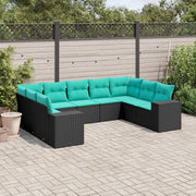 Tuinbankset 9-delig polyrotan zwart met kussens