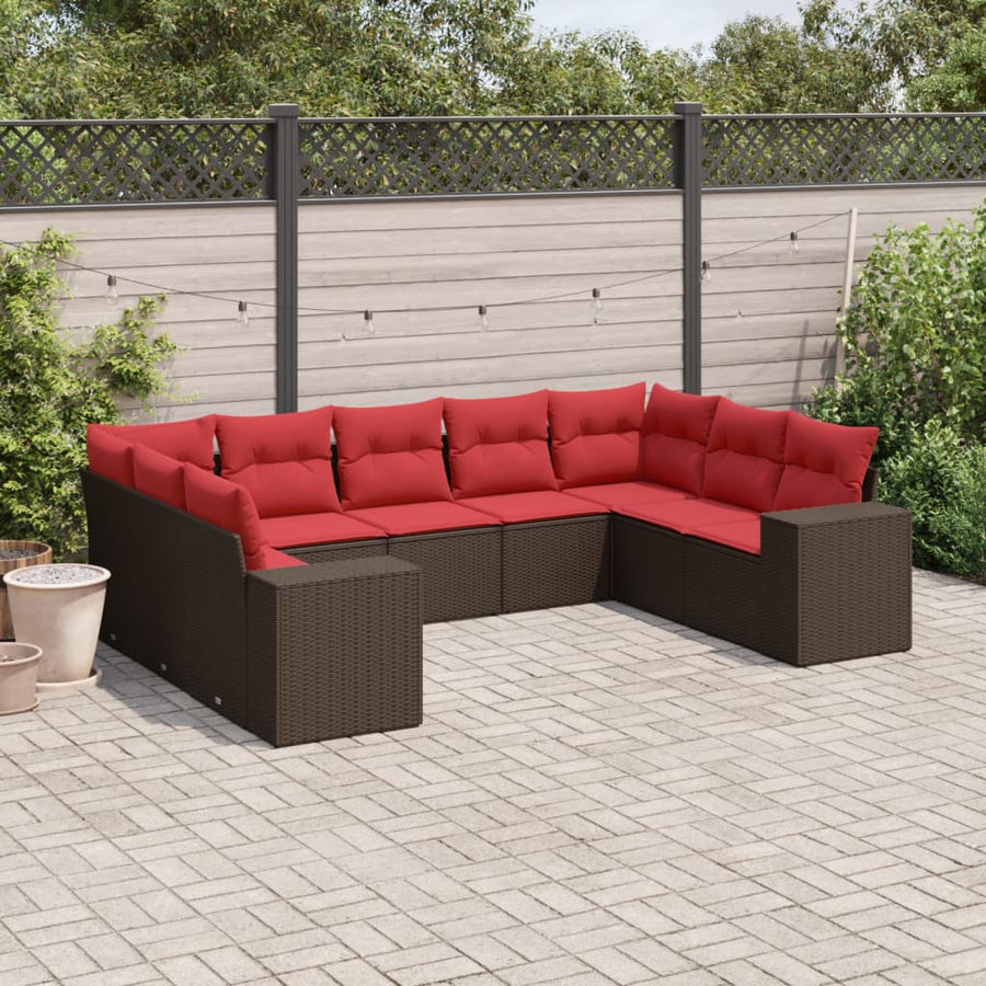 9-delige tuinbankset met kussens, bruin polyrotan