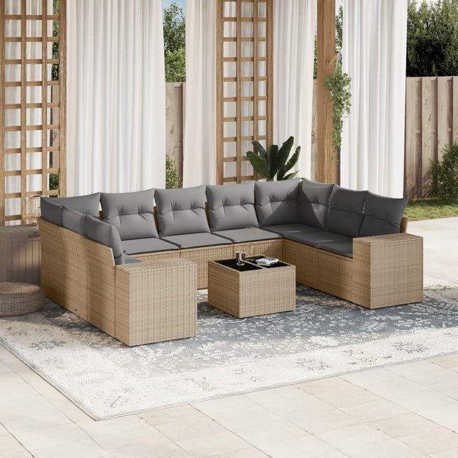 10-Delige Loungeset Met Kussens Poly Rattan Beige