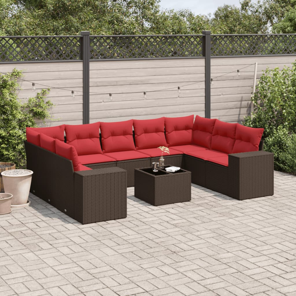 10-delige tuinbankset met kussens, bruin polyrotan