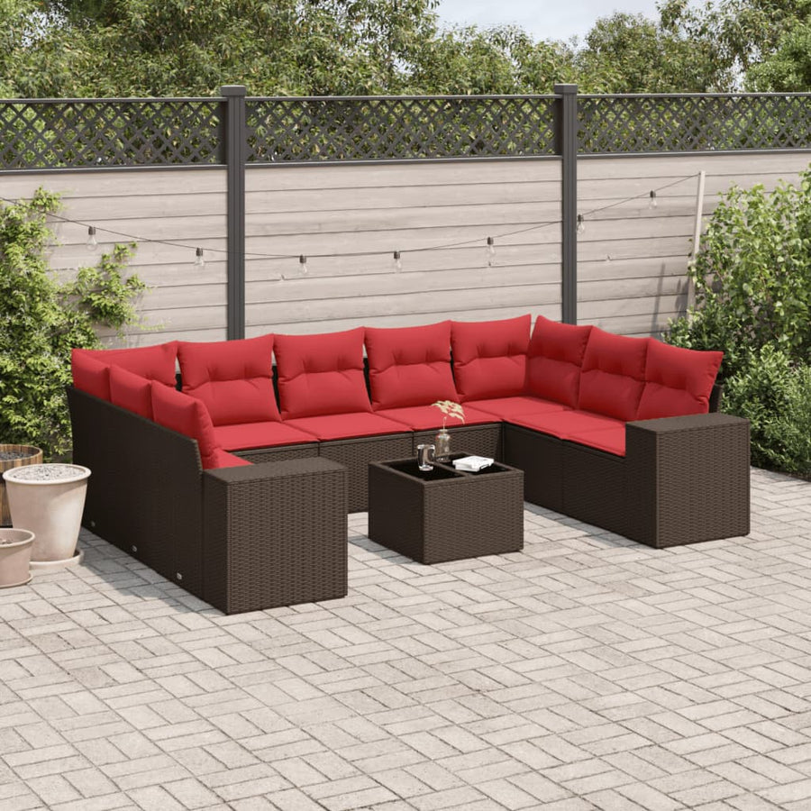10-delige tuinbankset met kussens, bruin polyrotan