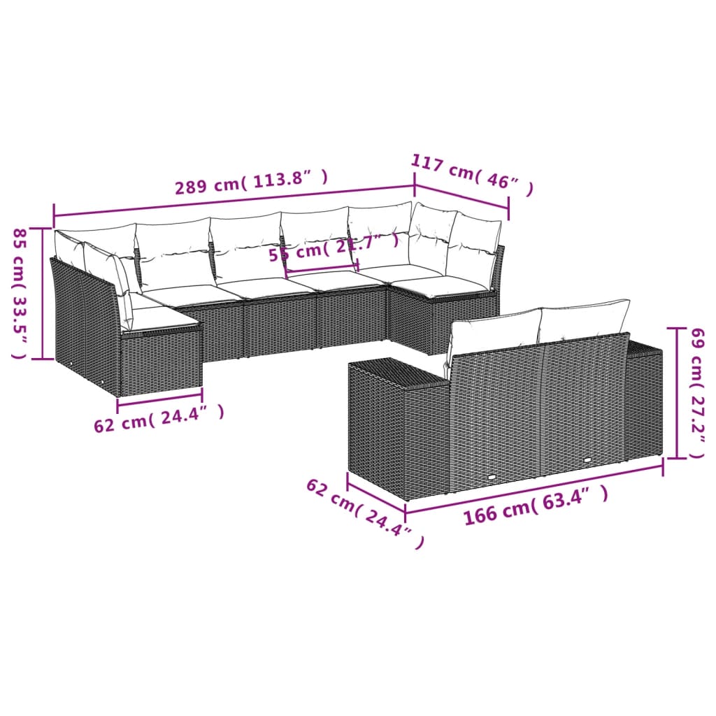 9-delige tuinbankset met kussens, grijs polyrotan