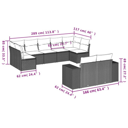 9-delige tuinbankset met kussens, grijs polyrotan