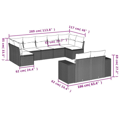 9-delige Loungeset met kussens poly rattan lichtgrijs