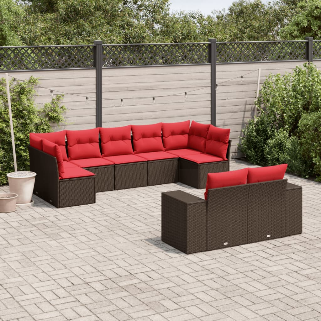 9-delige tuinbankset met kussens, bruin polyrotan