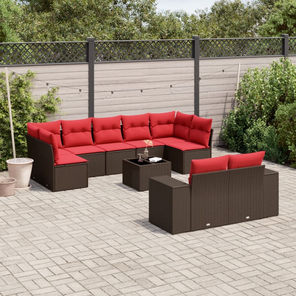 10-delige tuinbankset met kussens, bruin polyrotan