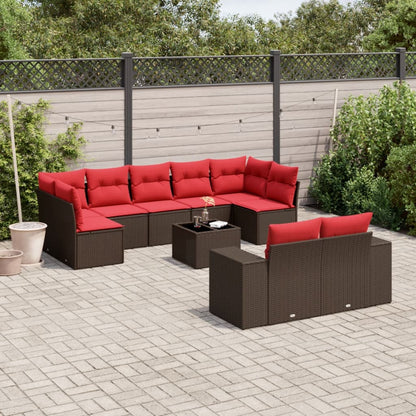 10-delige tuinbankset met kussens, bruin polyrotan