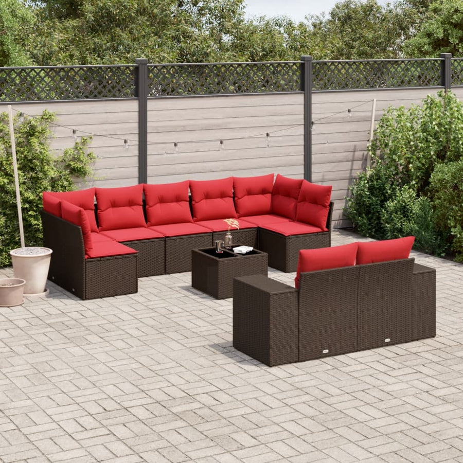 10-delige tuinbankset met kussens, bruin polyrotan