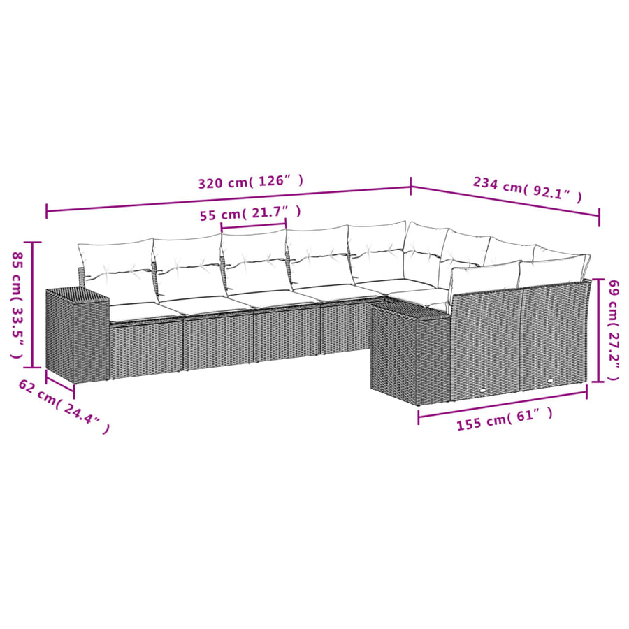 9-Delige Loungeset Met Kussens Poly Rattan Zwart