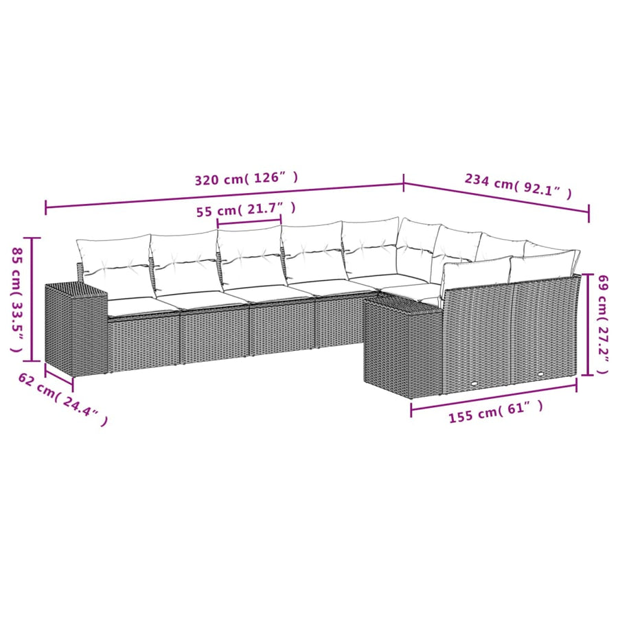 9-Delige Loungeset Met Kussens Poly Rattan Zwart