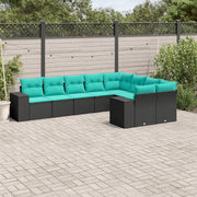Tuinbankset 9-delig polyrotan zwart met kussens