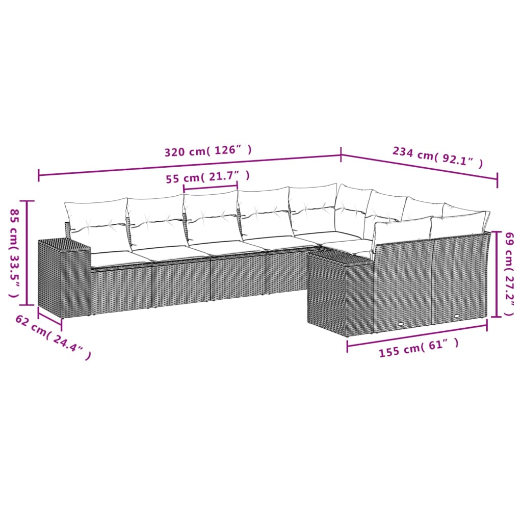 9-Delige Loungeset Met Kussens Poly Rattan Grijs
