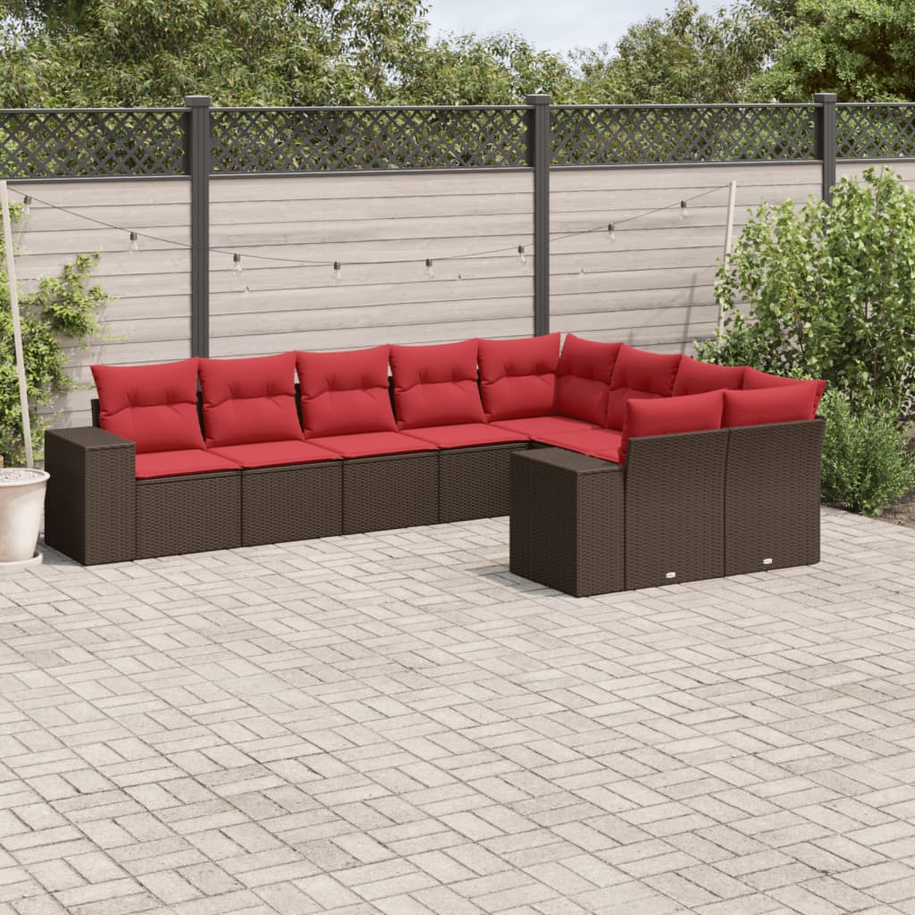 9-delige tuinbankset met kussens, bruin polyrotan