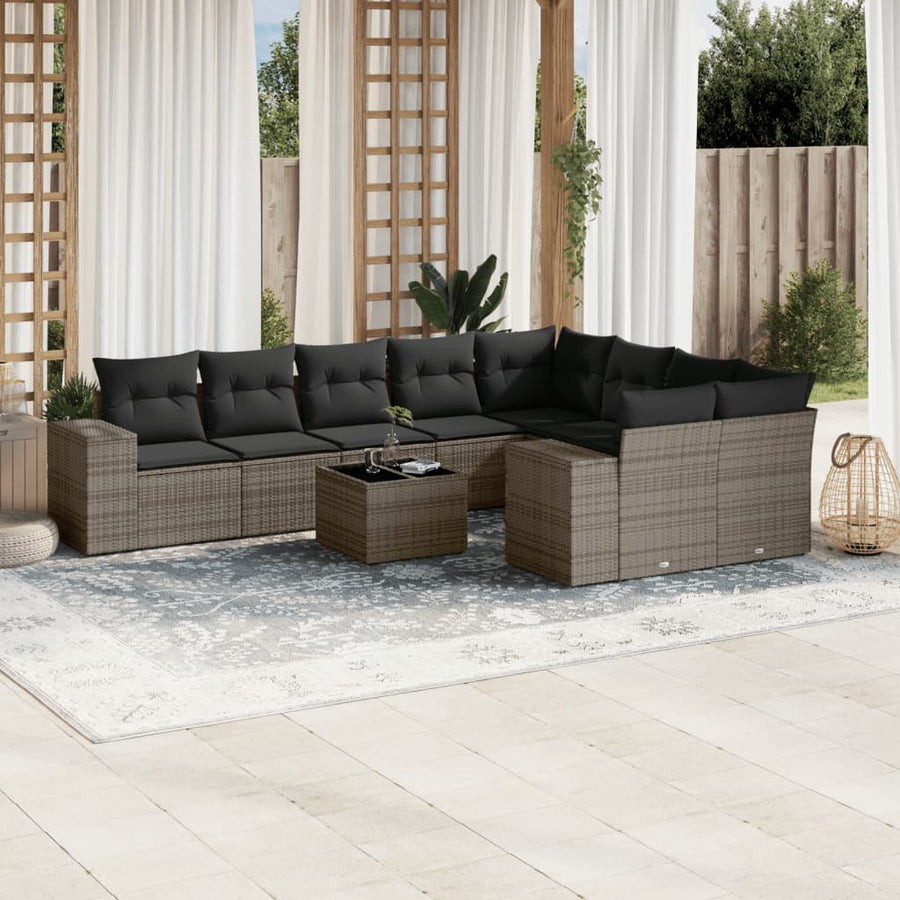 10-Delige Loungeset Met Kussens Poly Rattan Grijs