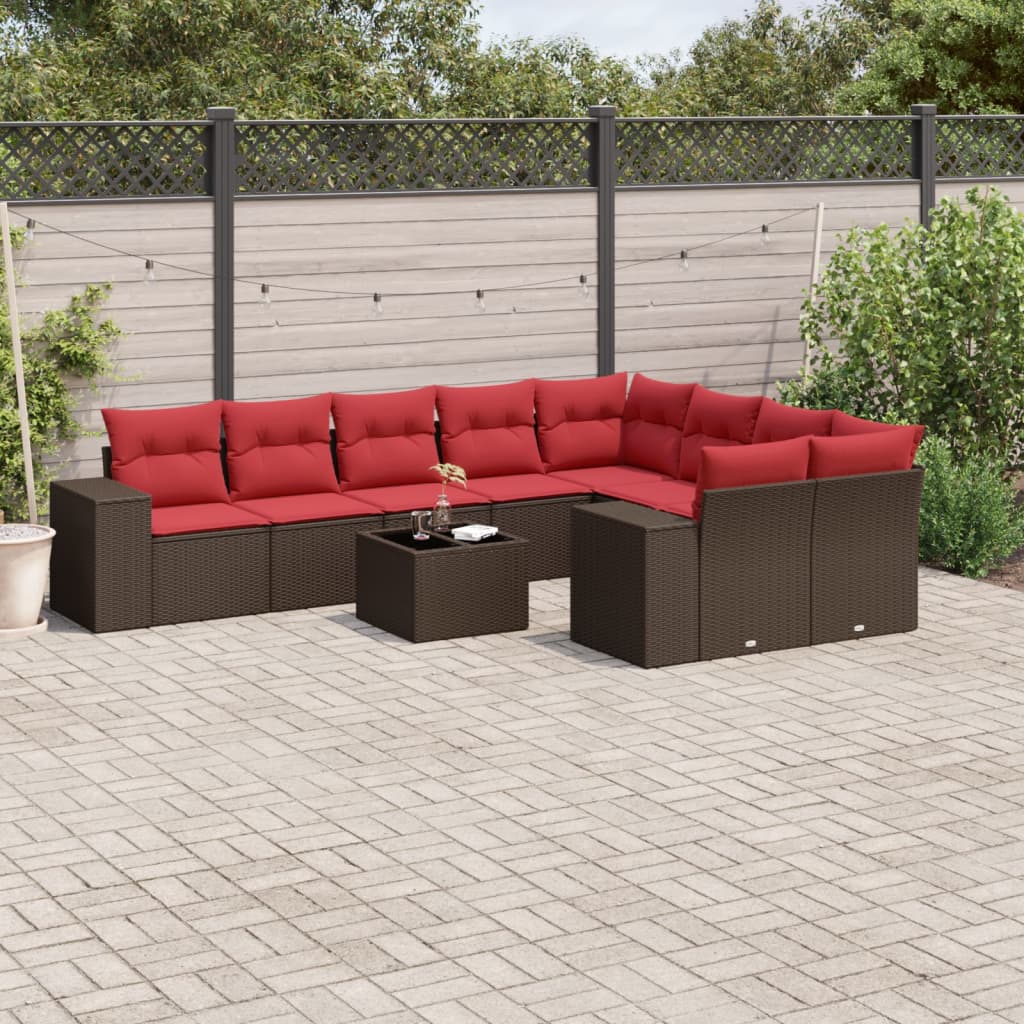 10-delige tuinbankset met kussens, bruin polyrotan