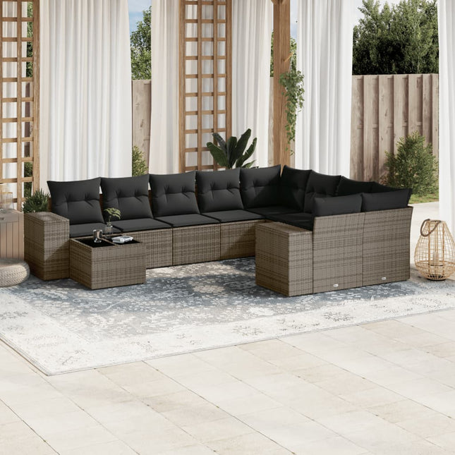 10-Delige Loungeset Met Kussens Poly Rattan Grijs