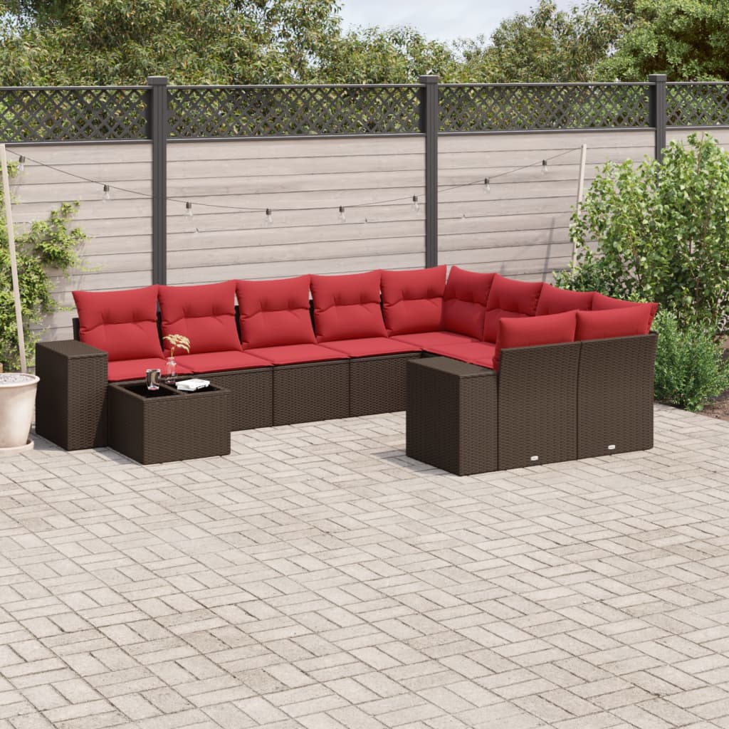 10-delige tuinbankset met kussens, bruin polyrotan