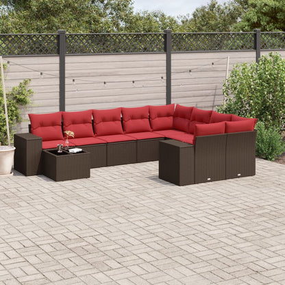 10-delige tuinbankset met kussens, bruin polyrotan