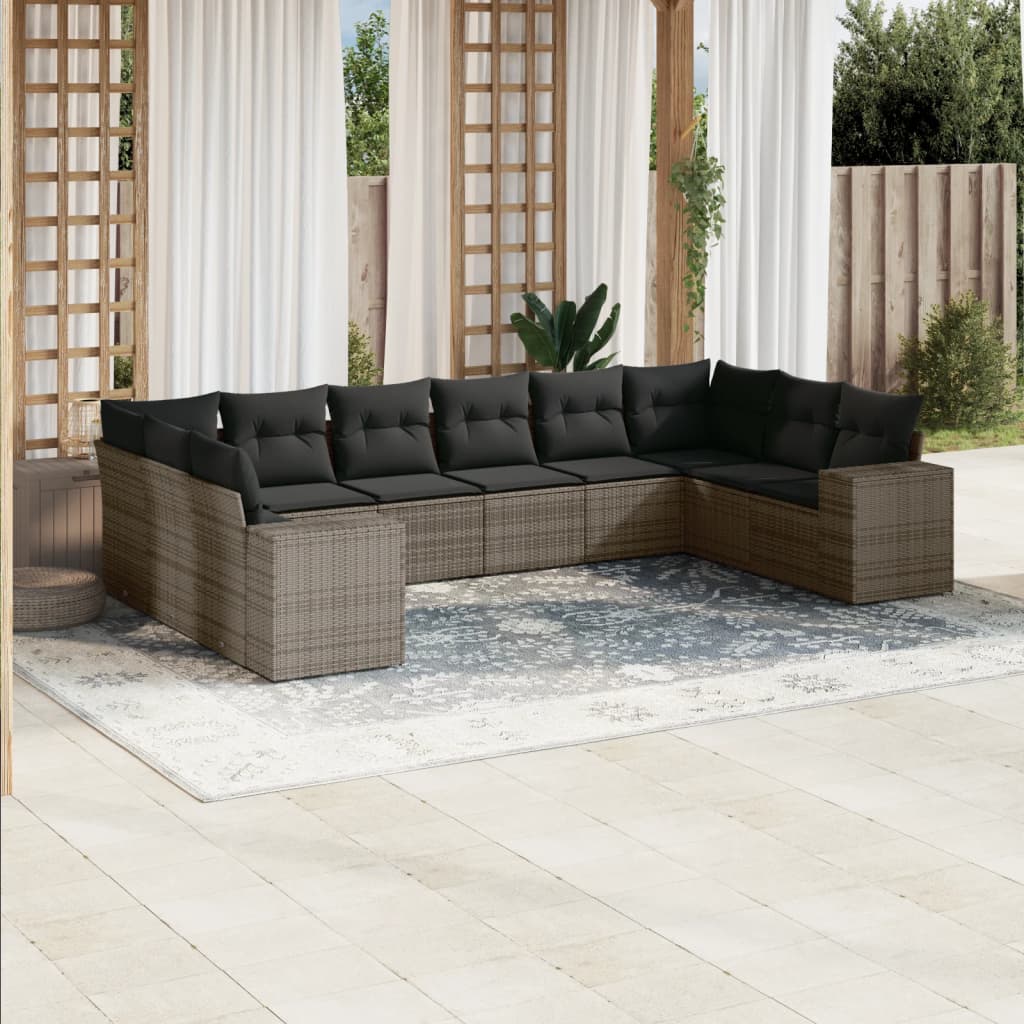 10-Delige Loungeset Met Kussens Poly Rattan Grijs