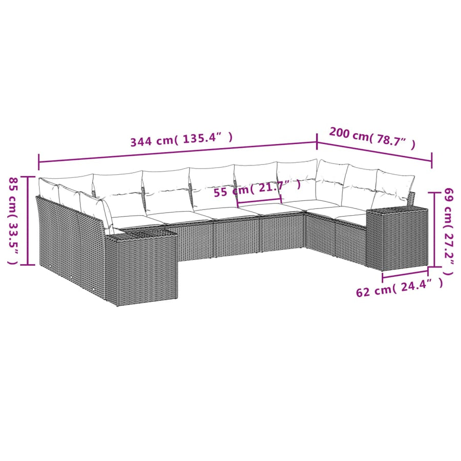 10-delige tuinbankset met kussens, grijs polyrotan