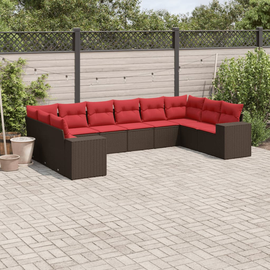 10-delige tuinbankset met kussens, bruin polyrotan