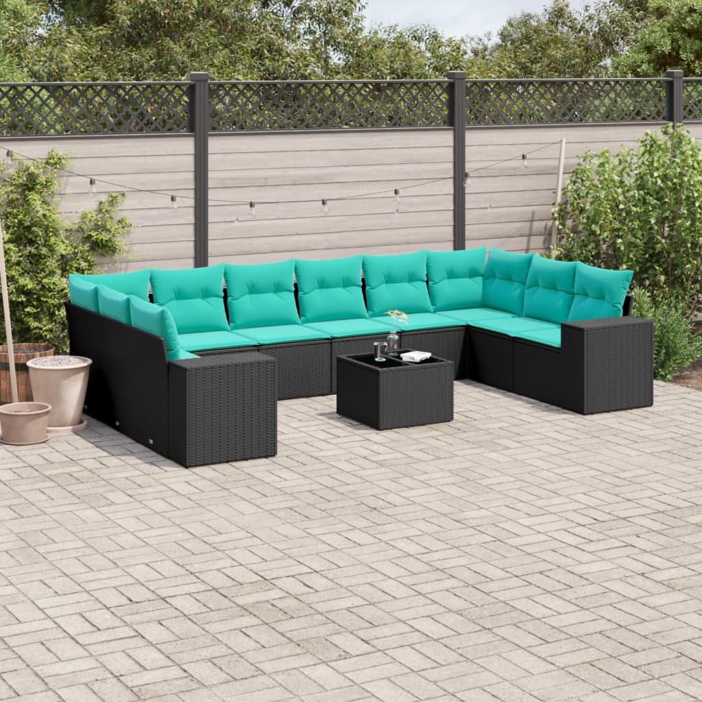 11-delige tuinbankset met kussens, zwart polyrotan